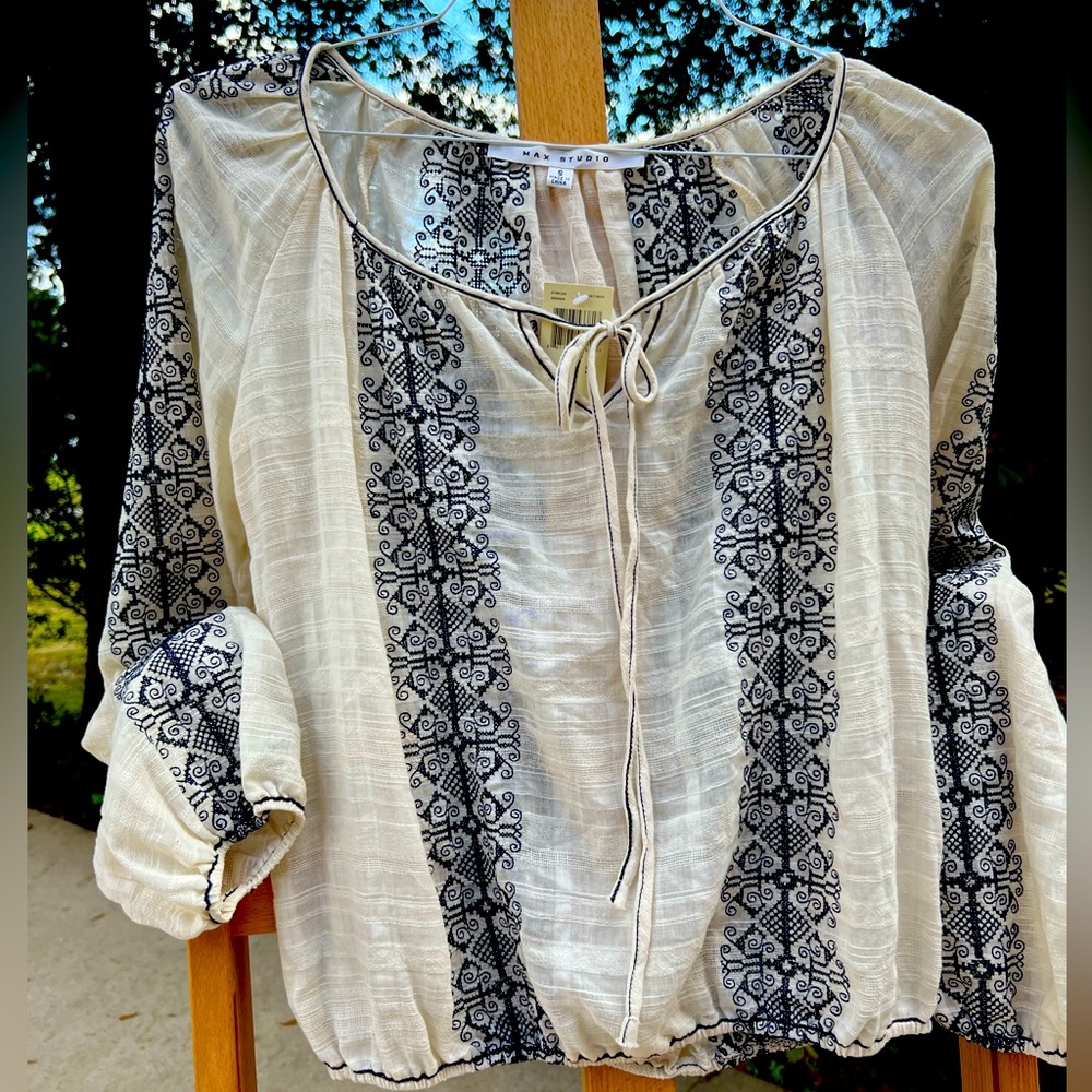 Embroidered blouse by Max Studio. Cream and dark navy blue. NWT Size small.